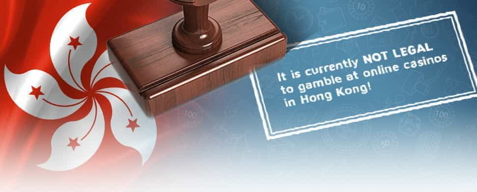 The flag of Hong Kong with text explaining gambling is illegal.