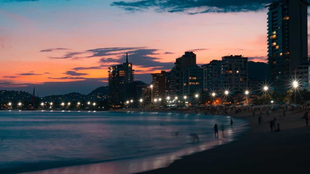 The coastline of Acapulco, Mexico, at sunset.