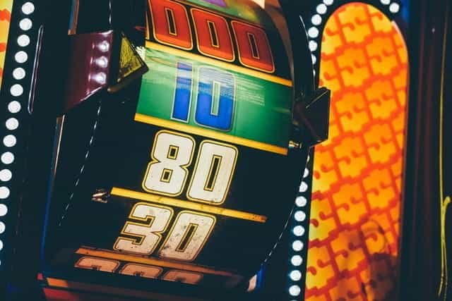 A colorful reel on a casino slot machine.