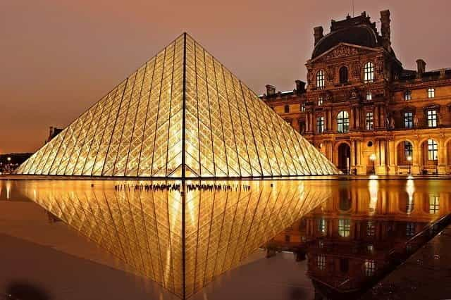 The glass pyramid outside the Louvre in Paris.