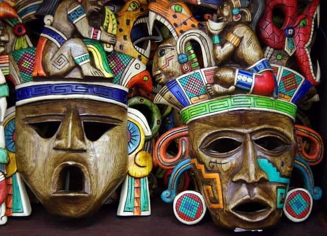 Colorful painted wooden masks in Mexico.