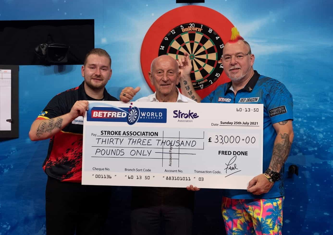 Dimitri Van den Bergh, Fred Done and Peter Wight holding a ￡33,000 charity check.