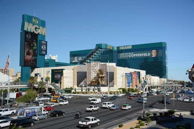 MGM casino with cars and yellow taxis.