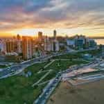 Part of the coastline of Mar del Plata, Argentina, at sunset.