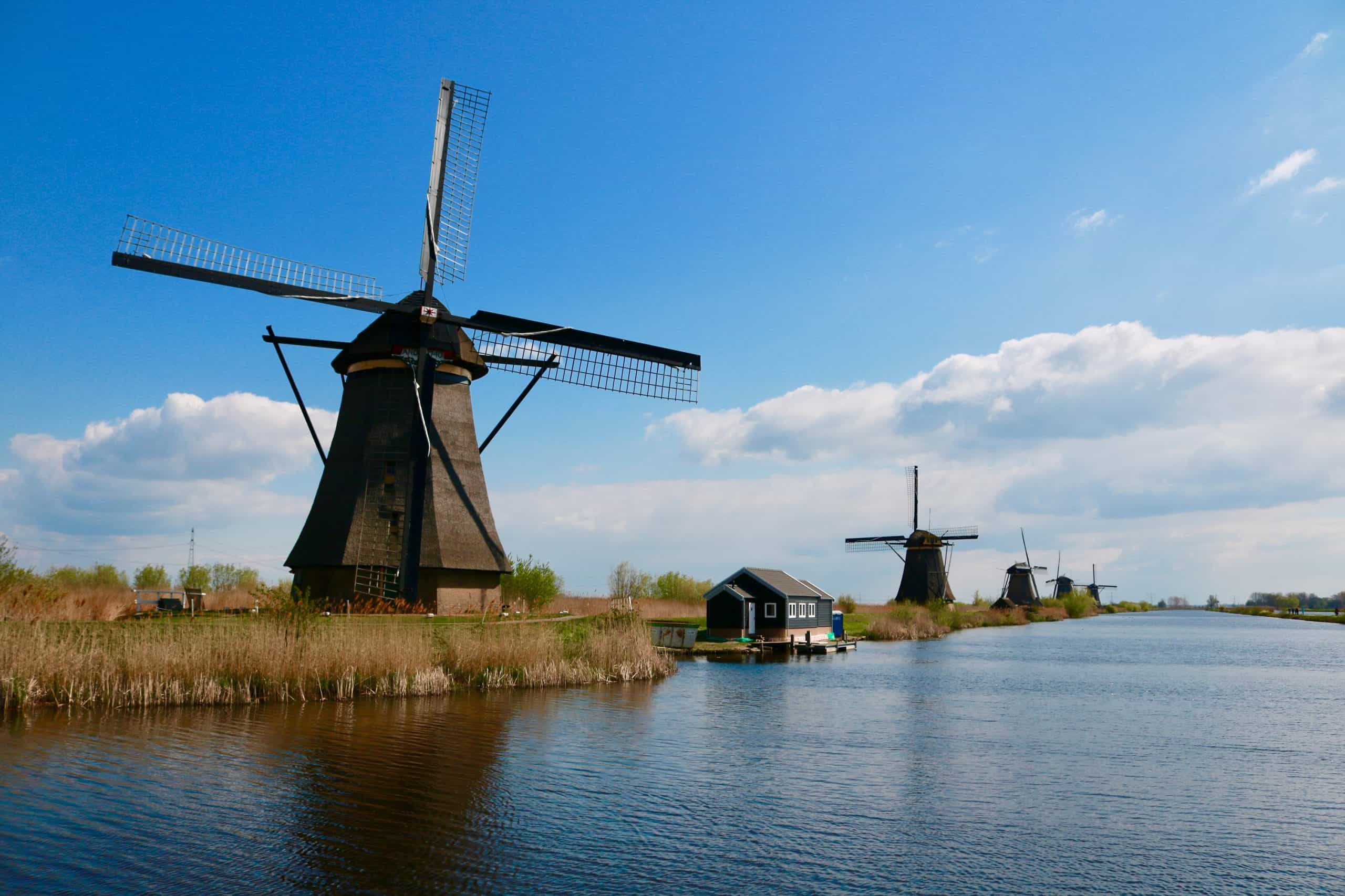 Windmills in the Dutch countryside.