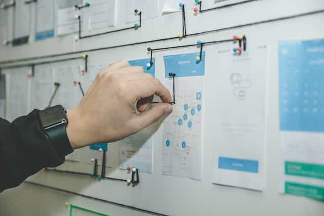 A person’s hand connecting points on a board using string to plan out the details of a large project.