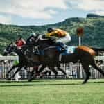 Four jockeys racing their horses at full speed on an outdoor track, with rolling green mountains and hills behind them.