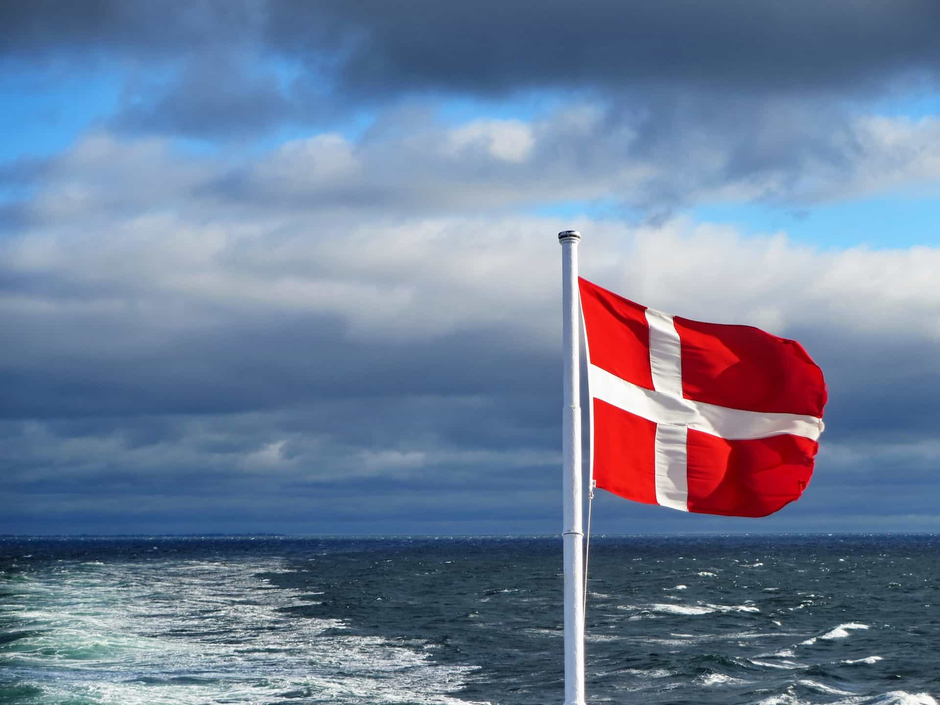 A flag on a pole near the sea under a cloudy sky.