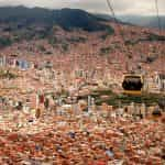 Four cable cars run over the city of La Paz, Bolivia.