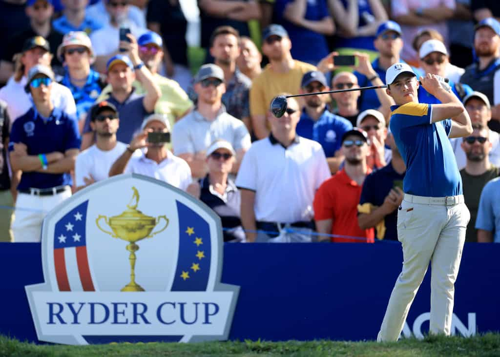 Matthew Fitzpatrick plays his tee shot on the 14th hole in his match against Max Homa during the 2023 Ryder Cup.