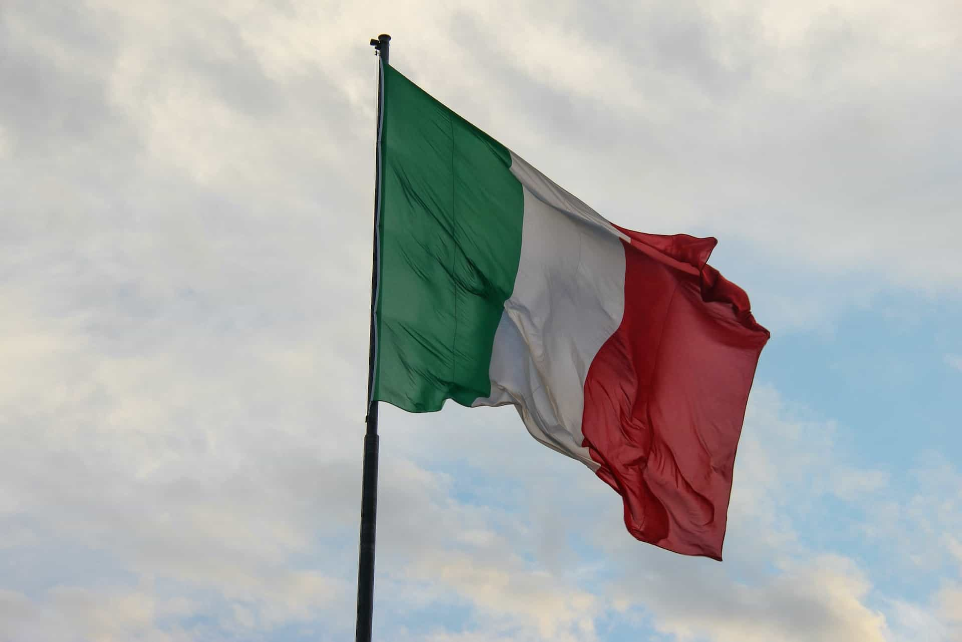 A flag against the blue sky.