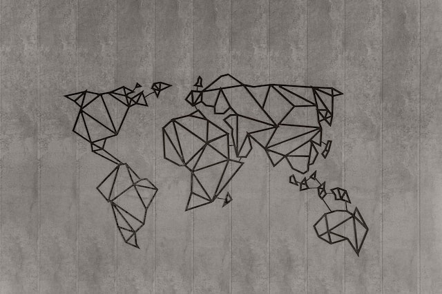 A geometric world map in black and beige.